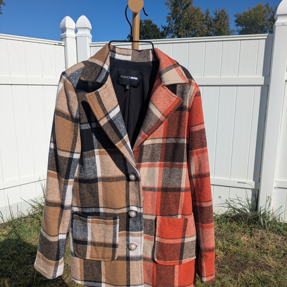 Fashion Nova Women's Plaid Blazer - Brown, Black, Orange